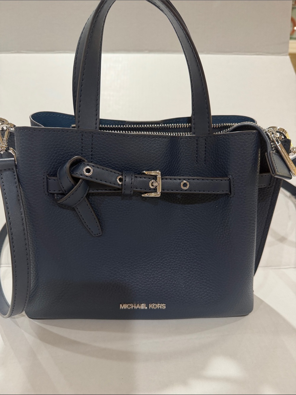 Michael Kors Navy Leather Mini Satchel with Buckle Detail